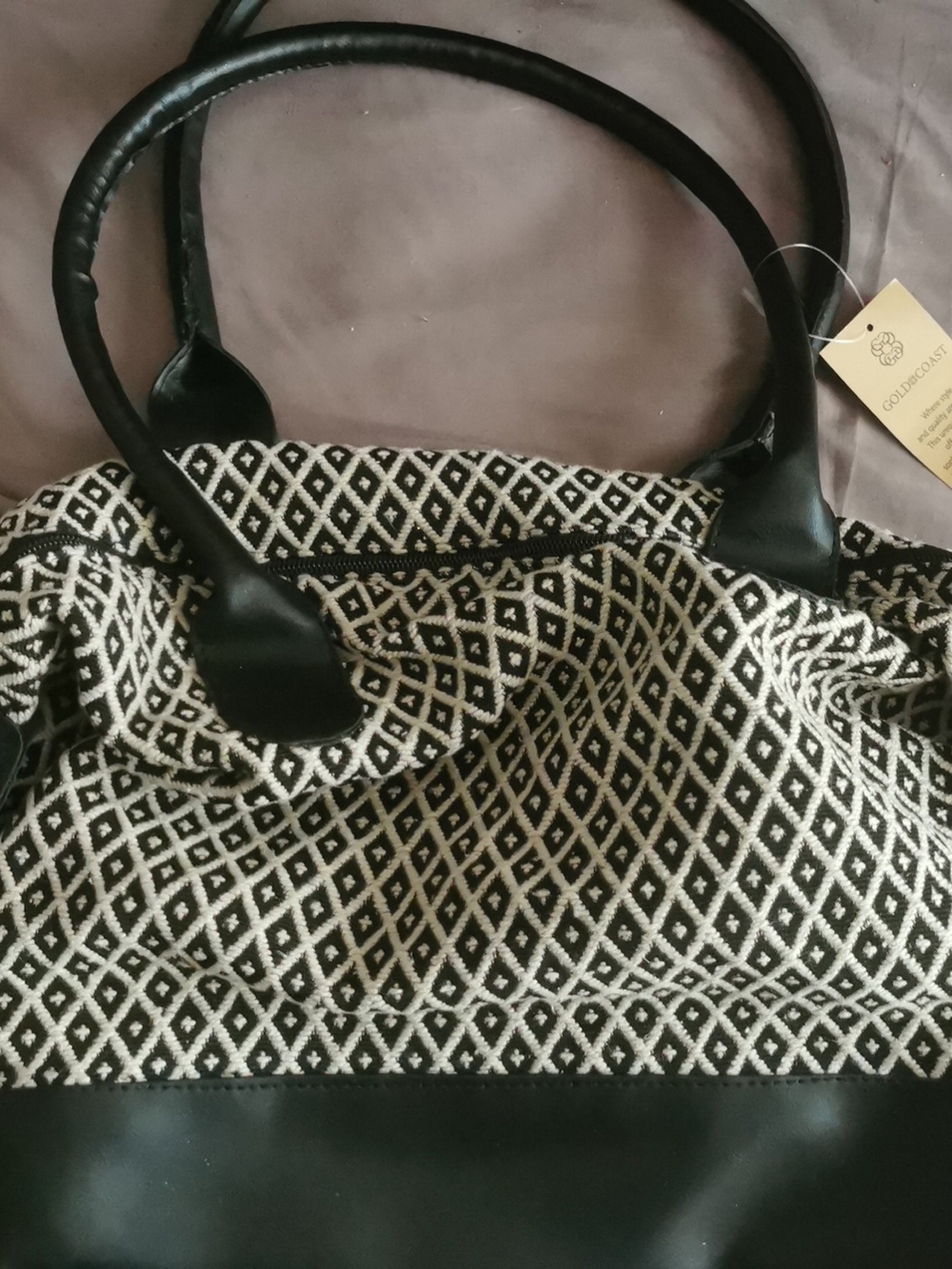Woven Black and Cream Diamond-Pattern Tote with Black Trim
